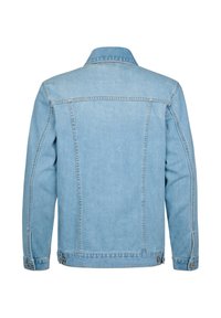 Hellblaue Jeansjacke, Rückansicht, mit langen Ärmeln, geknöpften Manschetten und vertikalen Nahtsteppungen vor weißem Hintergrund.