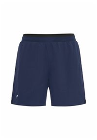 Marineblaue Sportshorts mit einem schwarzen Bund, aus glattem Synthetikmaterial gefertigt, mit seitlichen Taschen und einem kleinen weißen Logodetail am Saum.