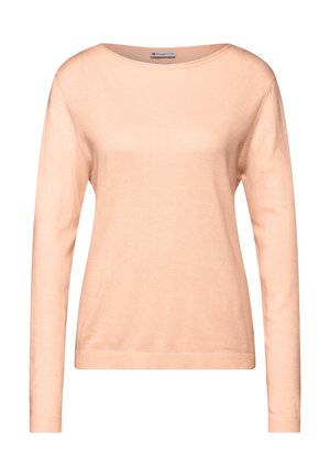 Suéter de punto de manga larga en tono melocotón claro, con cuello redondo y puños y dobladillo acanalados, exhibido sobre un fondo blanco.