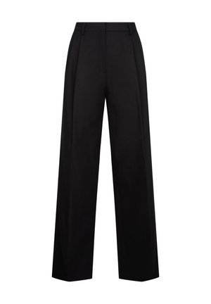 Pantalon noir taille haute à jambes larges avec passants de ceinture et fermeture éclair à l'avant, présenté sur un fond blanc.