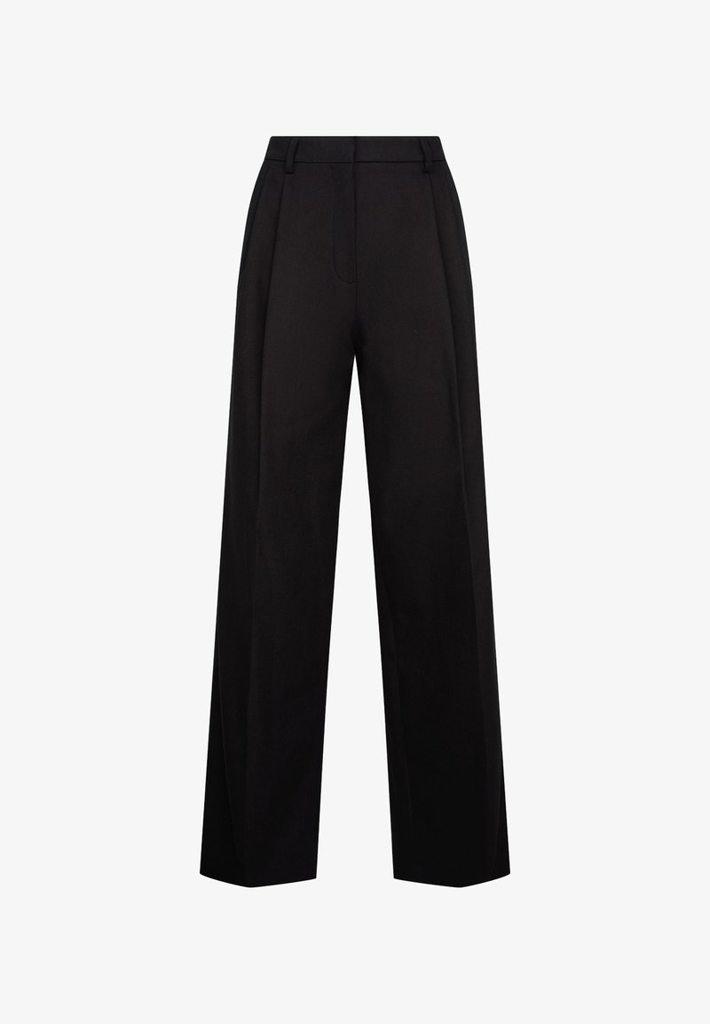 Schwarze, hoch taillierte, weit geschnittene Hosen mit Gürtelschlaufen und einem vorderen Reißverschluss, vor weißem Hintergrund präsentiert.