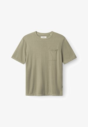 Olive green cotton T-shirt with short sleeves, a round neckline, and a patch pocket on the left chest. Soft texture, casual fit.