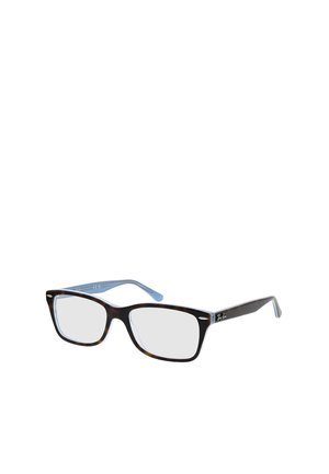 Rechteckige Brille mit dunklem Schildpattgestell und hellblauen Bügeln, schräg auf weißem Hintergrund positioniert.