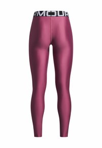 Polyester leggings i en dyb maroon farve med en sort talje i hvid branding. Glat tekstur og tætsiddende design.