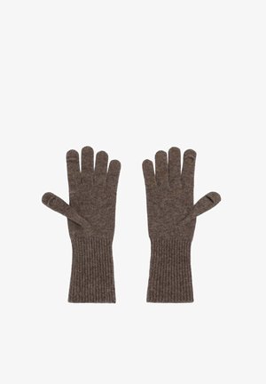 Guantes marrones de punto con puños acanalados, que tienen cinco dedos incluyendo el pulgar, fabricados con una tela suave y texturizada.