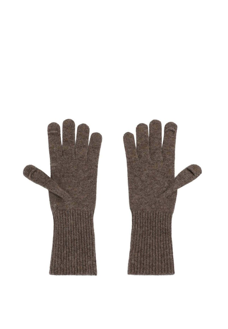 Guantes marrones de punto con puños acanalados, que tienen cinco dedos incluyendo el pulgar, fabricados con una tela suave y texturizada.