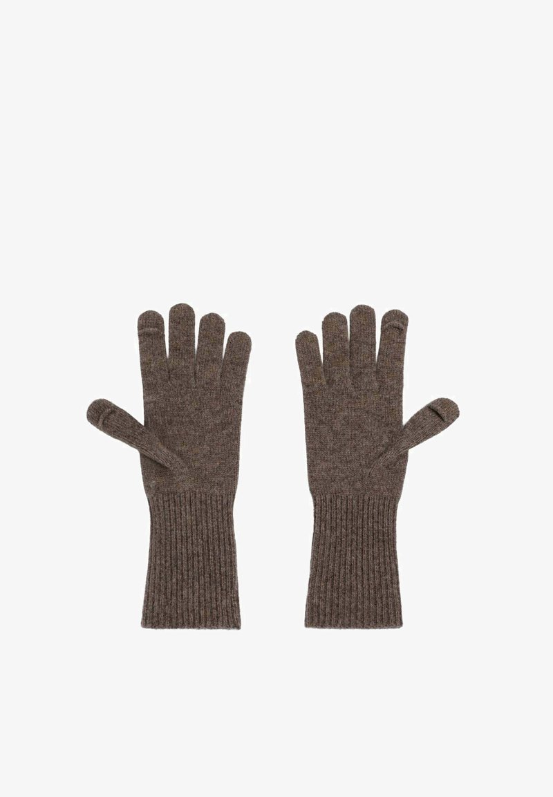 Guantes marrones de punto con puños acanalados, que tienen cinco dedos incluyendo el pulgar, fabricados con una tela suave y texturizada.