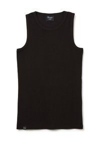 Schwarzes ärmelloses T-Shirt aus Baumwolle mit rundem Ausschnitt und gerippten Abschlüssen, versehen mit einem kleinen Logosticker in der unteren linken Ecke.