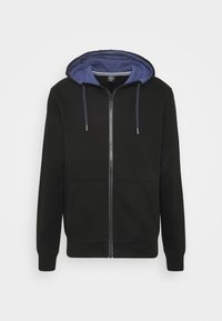 Sweat à capuche noir zippé avec une doublure bleu marine à l'intérieur de la capuche, équipé d'une fermeture éclair frontale, de cordons décoratifs et de deux poches avant. Le tissu présente une texture lisse.