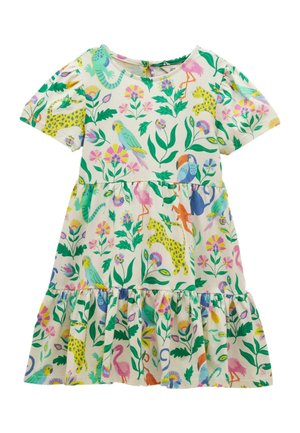Short cream dress with colorful tropical animals, birds, and floral patterns, featuring short sleeves and a gathered skirt.