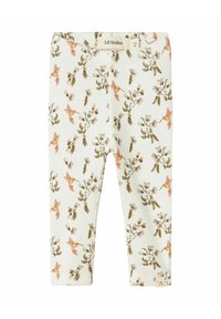 Geribbelde legging in roomkleur met bloemenprint met roze en groene accenten; elastische tailleband; label met de tekst "Lil'Atelier."
