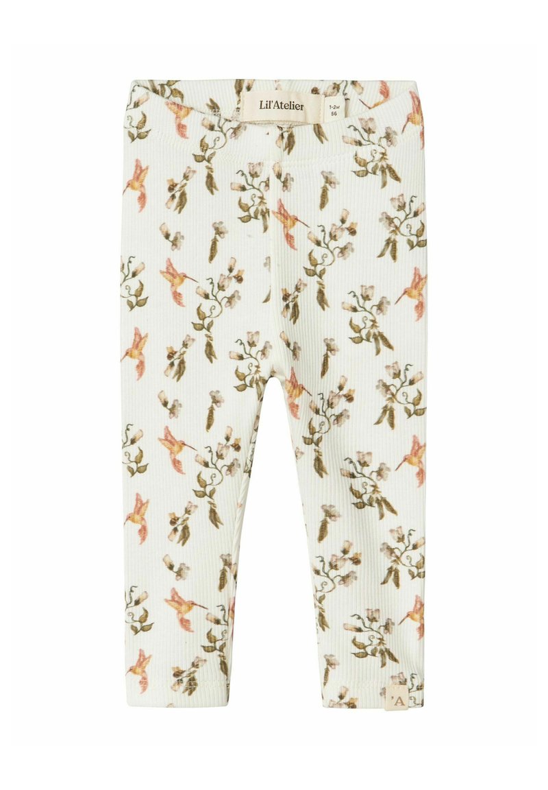Geribbelde legging in roomkleur met bloemenprint met roze en groene accenten; elastische tailleband; label met de tekst "Lil'Atelier."