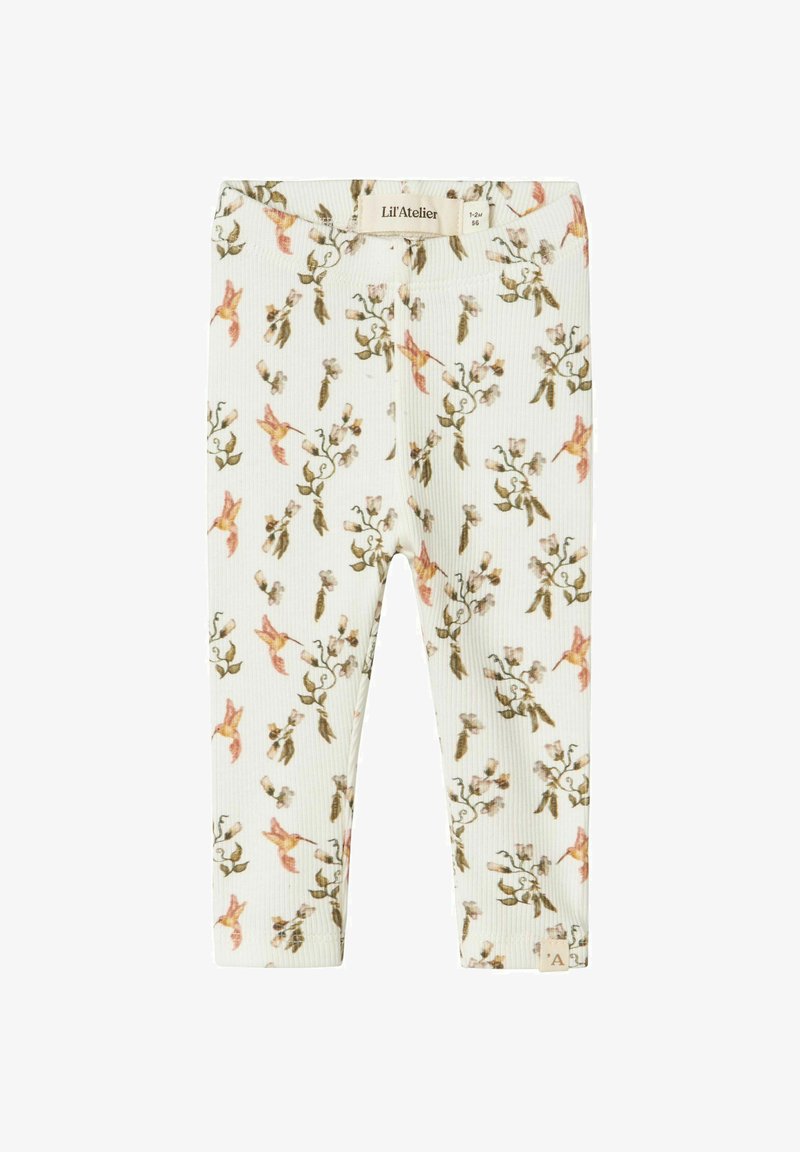 Krēmkrāsas ribotas legingi ar ziedu rakstu, kurā ir rozā un zaļas akcenti; elastīga josta; birka ar uzrakstu "Lil'Atelier."