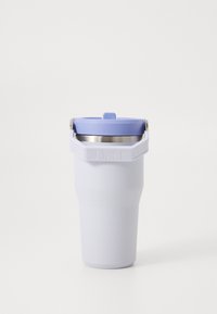 White insulated tumbler with a stainless steel inner lining, light purple lid, and a textured grip band. Features a secure flip-top opening.