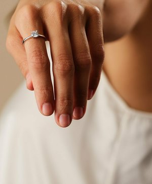 Hand with natural nails wearing a silver solitaire diamond ring on the ring finger, against a blurred light background.