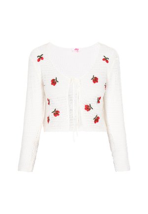 Balta tamborēta džemperis ar garām piedurknēm, rotāts ar sarkano rozīšu izšuvumu, ar apaļu kakla izgriezumu un saitēm priekšpusē.