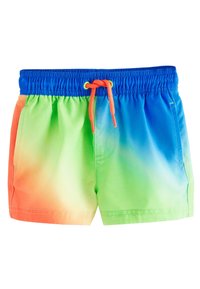 Swim shorts featuring a gradient design from orange to green, with a blue elastic waistband and orange drawstring. Smooth texture, no patterns.