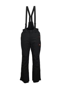 Pantalons de neige noirs imperméables avec bretelles ajustables, une poche zippée de chaque côté et des poignets renforcés pour plus de durabilité.