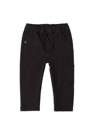 Schwarze Cargo-Hosen aus Baumwolle mit einem elastischen Bund, Kordelzug, mehreren Taschen und einem lässigen Design.