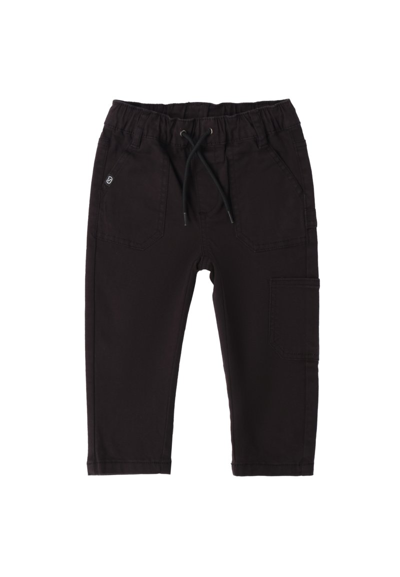 Schwarze Cargo-Hosen aus Baumwolle mit einem elastischen Bund, Kordelzug, mehreren Taschen und einem lässigen Design.