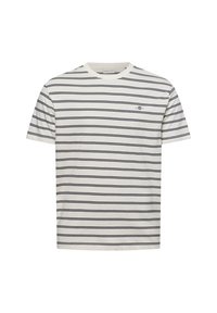 Witte T-shirt met korte mouwen met dunne zwarte horizontale strepen en een klein geborduurd logo op de linkerborst.