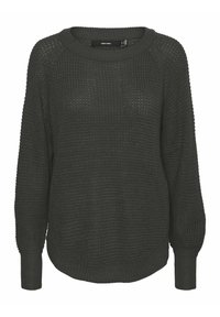 Maglione a maglia verde scuro con motivo testurizzato, colletto rotondo e maniche lunghe. Presenta polsi e orlo a coste, vestibilità casual e rilassata.