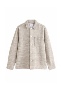 Beige textured shirt jacket with a collared neck, front buttons, and a chest pocket. The fabric has a subtle horizontal pattern.