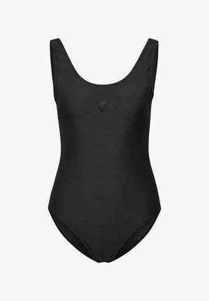Svart baddräkt i ett stycke med rundad halsringning och tunna axelband. Har en slät textur med en liten logotypdetalj i mitten.