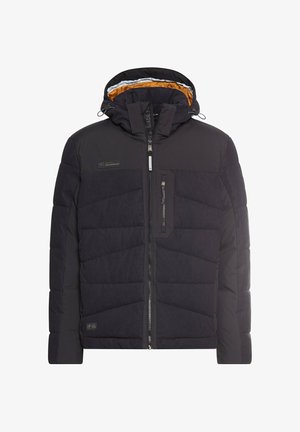 Schwarze gepolsterte Jacke mit abnehmbarem Kapuzen, ausgestattet mit einem Reißverschluss vorne, zwei Eingrifftaschen an der Seite und einer Brusttasche mit kontrastierenden Stoffdetails.