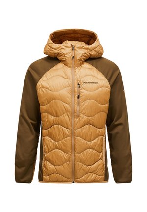 Padded jacket with a tan quilted front, green sleeves, and a hood. Features a zippered pocket on the chest and embroidered logo.
