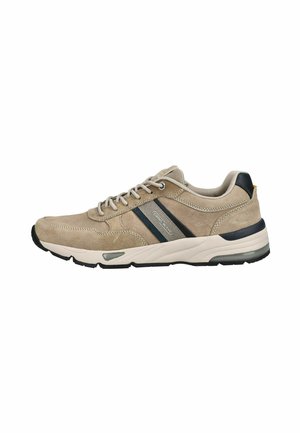 Sneaker beige e marrone chiaro con dettagli neri, chiusura stringata, colletto imbottito e suola spessa, mostrata di profilo su sfondo bianco.