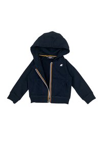 Felpa blu navy con zip frontale, dotata di polsini a coste, due tasche frontali e un rivestimento interno colorato con strisce arancioni, gialle e bianche.