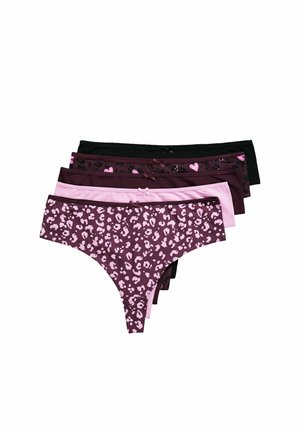Cinq culottes hipster pour femmes dans des nuances de rose, bordeaux et noir, avec des motifs unis, cœur et léopard, chacune avec un petit nœud à l'avant.
