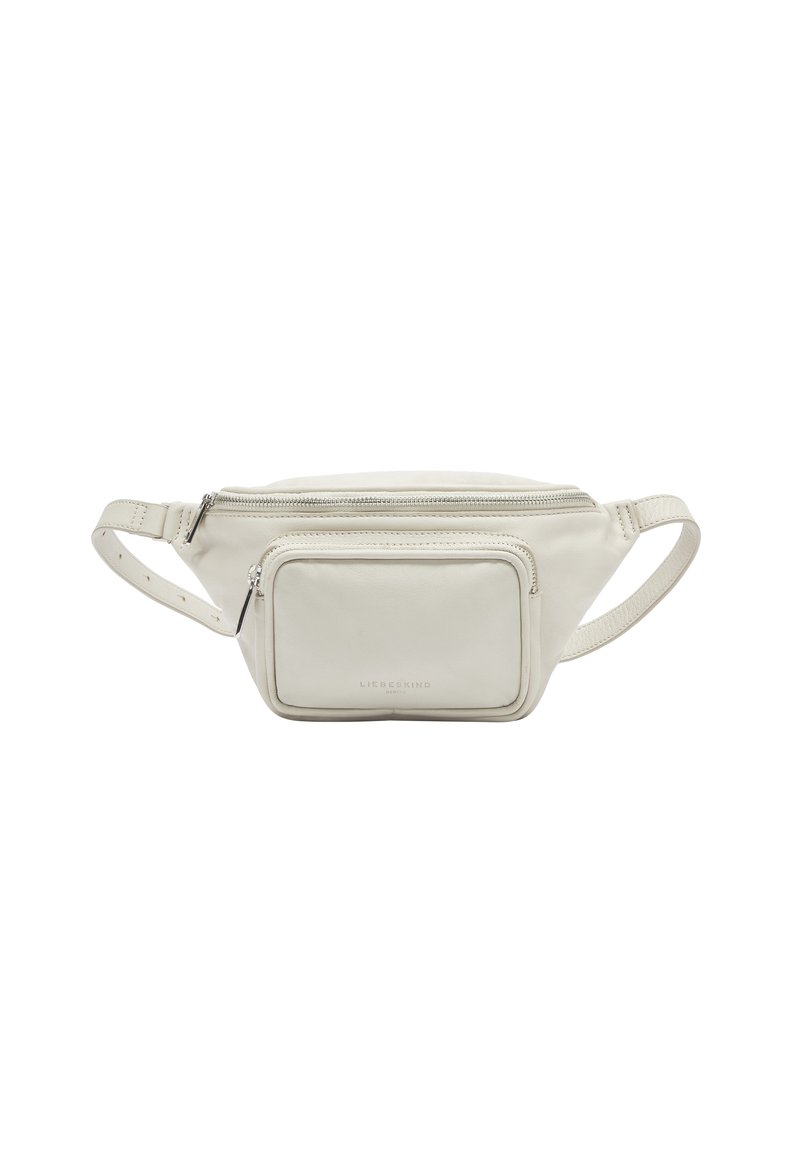 Marsupio in pelle color crema con compartimento principale con zip e tasca frontale. Dotato di una cintura regolabile e di una texture liscia.