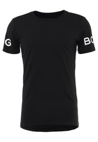 Camiseta negra de manga corta hecha de tela suave, con cuello redondo y texto blanco "G" y "BOG" en las mangas. Textura suave, diseño casual.