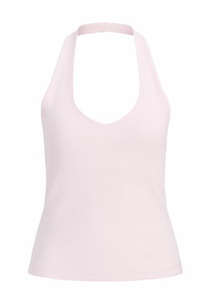 Top de tirantes halter sin mangas en rosa claro con textura acanalada, escote en V profundo y cintura ajustada.