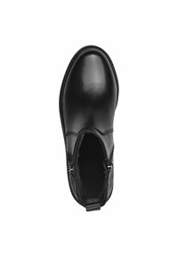 Schwarze Leder-Stiefeletten mit runder Spitze, seitlichen Reißverschlüssen und strukturierten Akzenten an den Seiten für ein zusätzliches Detail. Insgesamt glatte Oberfläche.