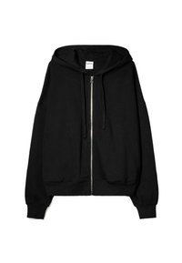 Czarna bluza z kapturem zapinana na zamek, wykonana z miękkiego materiału. Posiada sznurek w kapturze, luźny krój oraz ściągacze przy rękawach. Gładka tekstura bez widocznych wzorów.