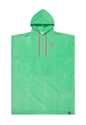 Zelené pončo s kapucňou z uteráka, s predným klokanským vreckom, ružovými šnúrkami a malým ružovým logom "Roxy" na hrudi.