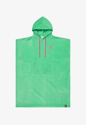 Green hooded towel poncho with front kangaroo pocket, pink drawstrings, and small pink "Roxy" logo on chest.