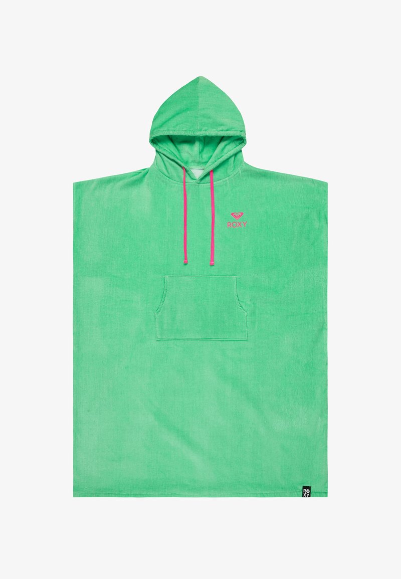 Poncho serviette à capuche vert avec poche kangourou à l'avant, cordons roses et petit logo "Roxy" rose sur la poitrine.