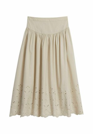 Beige rok tot de knie van katoen, met geplisseerde naden en een golvende zoom met geborduurde bloemmotieven.