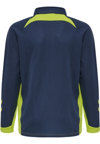 Marinblå långärmad träningsskjorta med hög krage, med ljusgröna accenter och texturerade paneler på axlar och sidor.