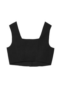 Top corto nero con spalline larghe, realizzato in tessuto testurizzato, con dettagli delle cuciture verticali per una silhouette strutturata.