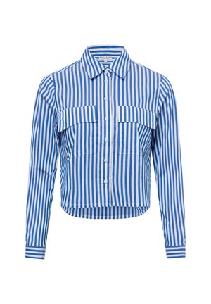 Hemd mit Kragen und langen Ärmeln in blauen und weißen vertikalen Streifen. Verfügt über zwei Brusttaschen und einen verkürzten Saum. Aus gewebtem Stoff.
