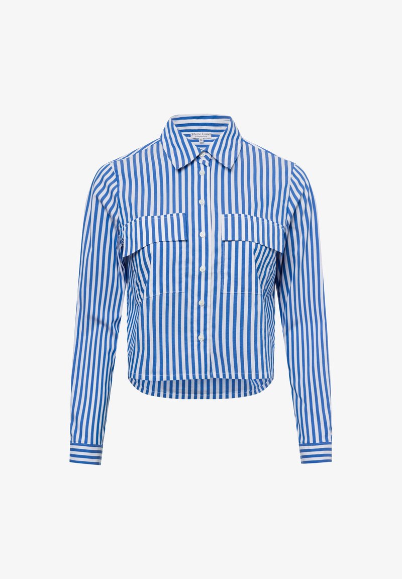 Collared, long-sleeve shirt with blue and white vertical stripes. Features two chest pockets and a cropped hemline. Made of woven fabric.