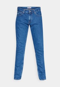 Modré džínové slim fit kalhoty s klasickým pětipráskovým střihem, zapínáním na knoflík a kontrastními švy.