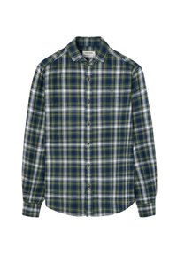 Camisa de manga larga con botones que presenta un patrón de cuadros en azul y verde, fabricada en tejido entrelazado, con un cuello estándar y una tapeta de cinco botones.