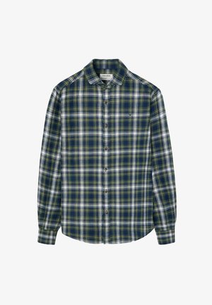 Camisa de manga larga con botones que presenta un patrón de cuadros en azul y verde, fabricada en tejido entrelazado, con un cuello estándar y una tapeta de cinco botones.