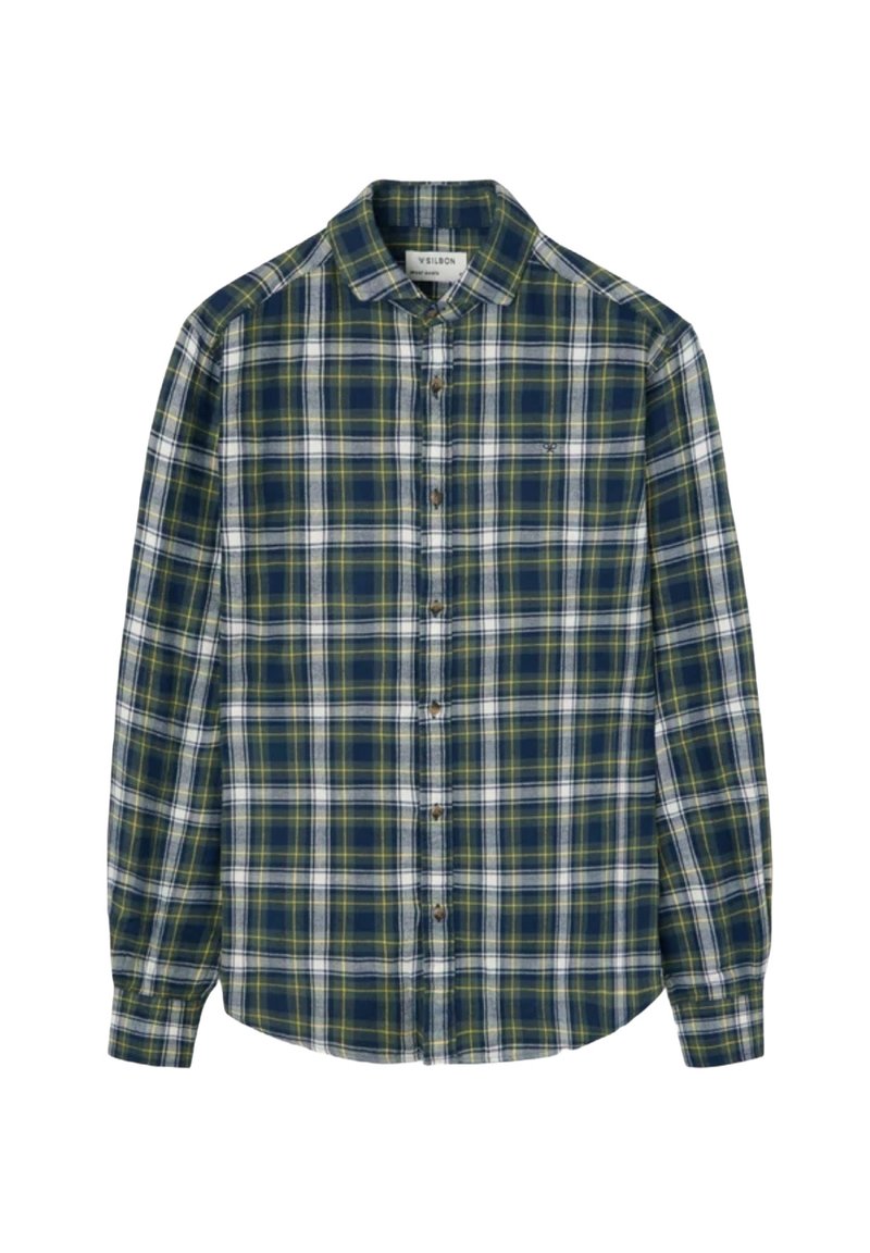 Camisa de manga larga con botones que presenta un patrón de cuadros en azul y verde, fabricada en tejido entrelazado, con un cuello estándar y una tapeta de cinco botones.